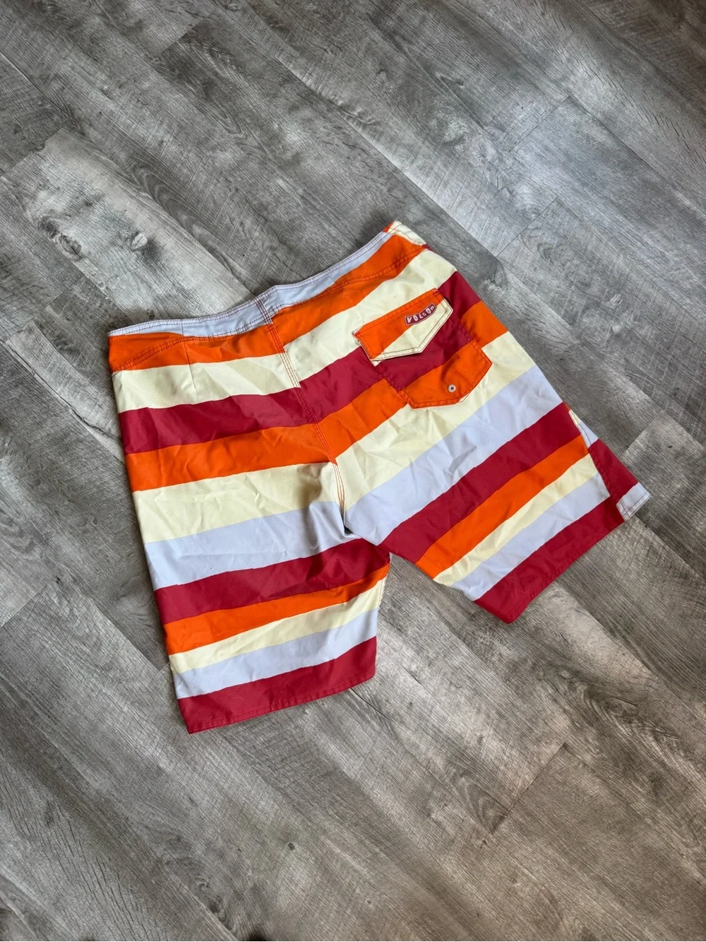 Volcom Men’s Red Orange Cream Striped Boardshorts